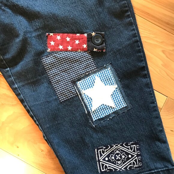 Patchwork Capris Shorts: Upcycled 4th Of July Patriotic Jeans, Women's Size 16 - Picture 8 of 13
